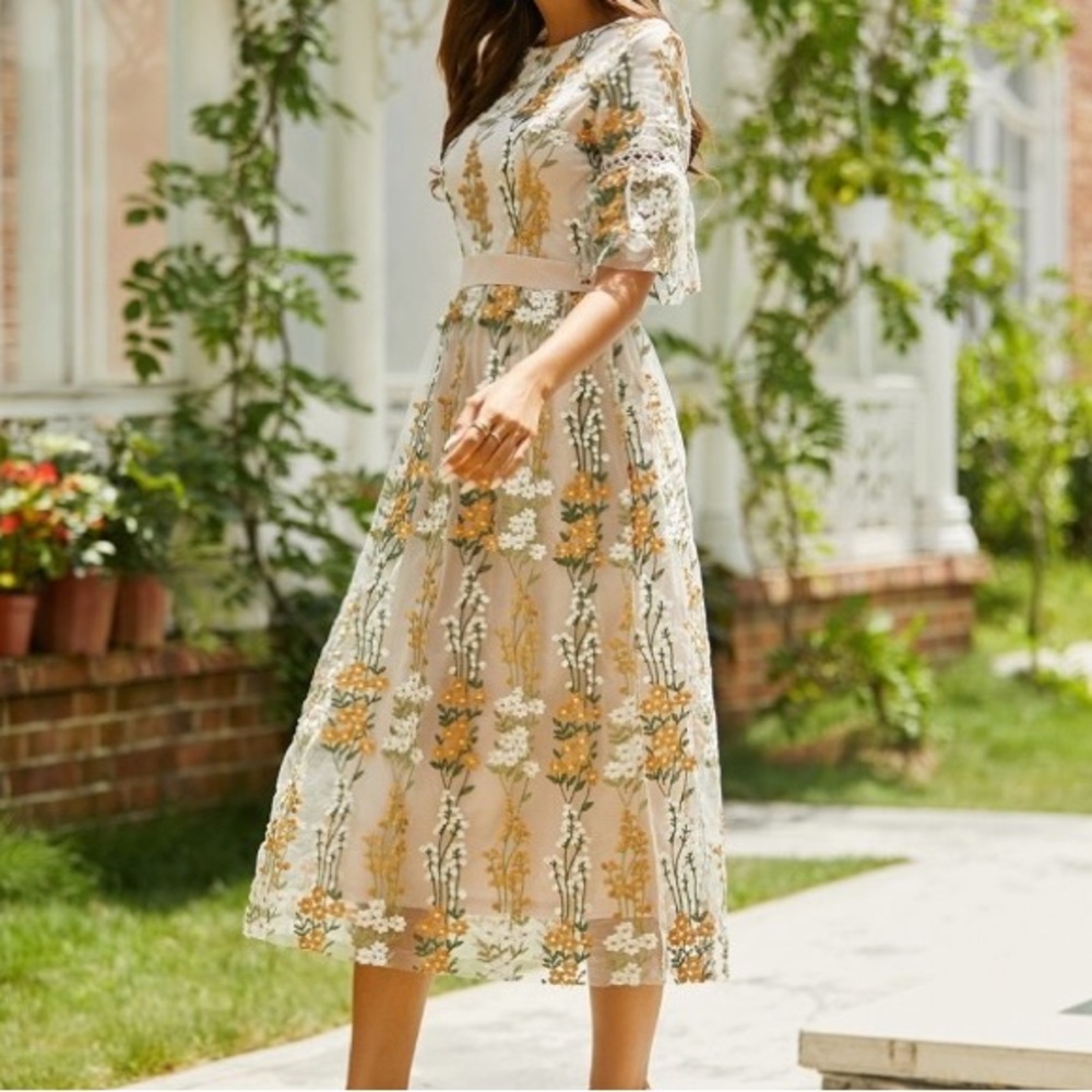 Polagram Floral Cream, Yellow, and Green Embroidered Midi Dress